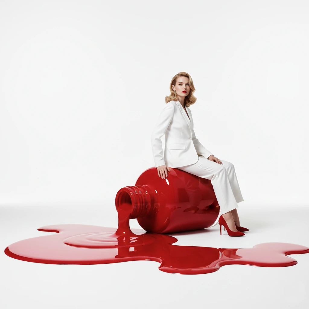 Elegant woman in a white pantsuit sitting on a giant red nail polish bottle with thick red paint spilling onto a reflective white studio floor, creating a bold red and white minimalist fashion scene.
